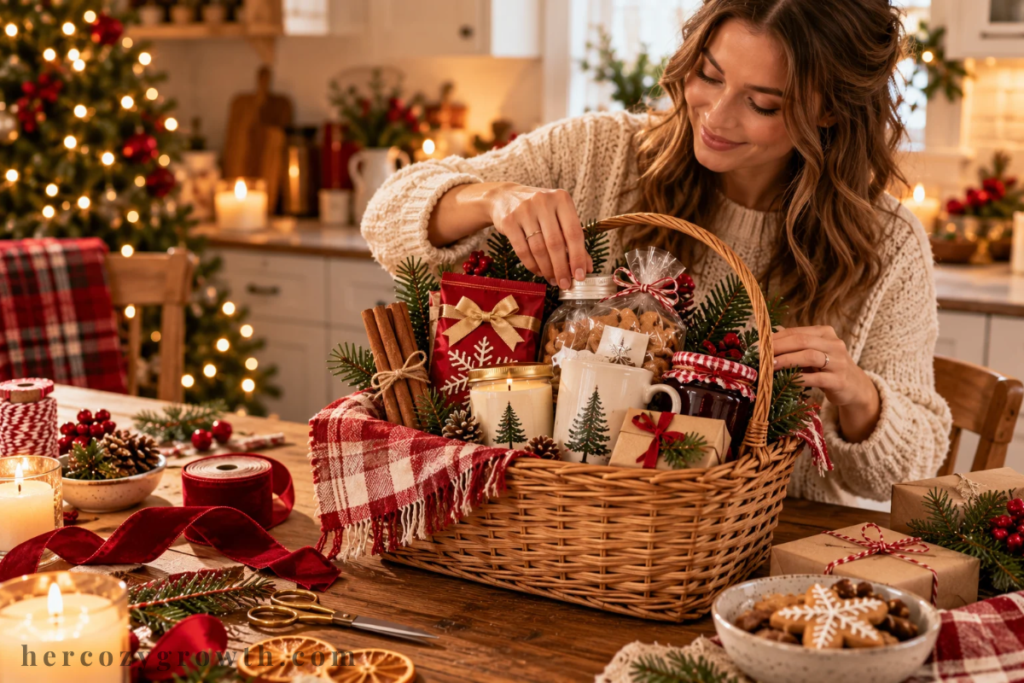 Woman making a DIY christmas gift basket at home