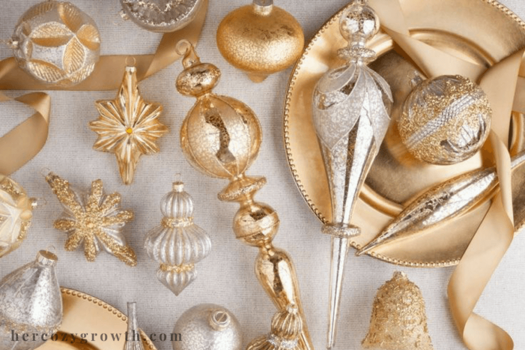 Christmas tree design supplies flat lay with ribbon and ornaments