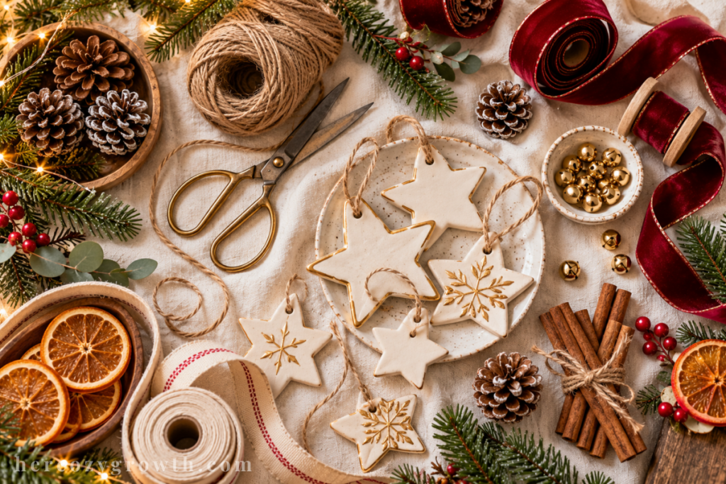 Christmas crafts supplies flat lay with twine, pinecones and clay