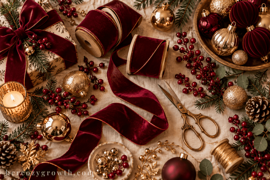 Burgundy and gold Christmas decorating supplies flat lay