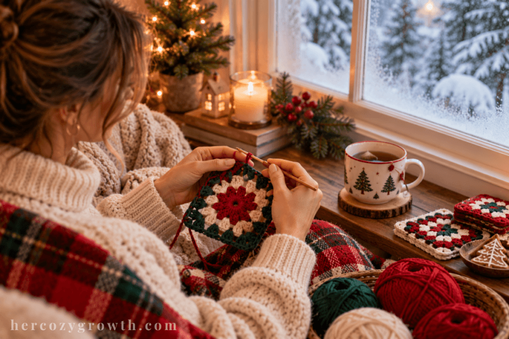 Woman making easy christmas crochet projects by a winter window